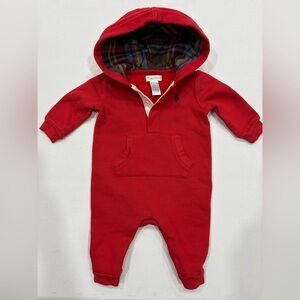 Ralph Lauren Red Holiday Baby Fleece Onesie Plaid Hoodie, 6 Months